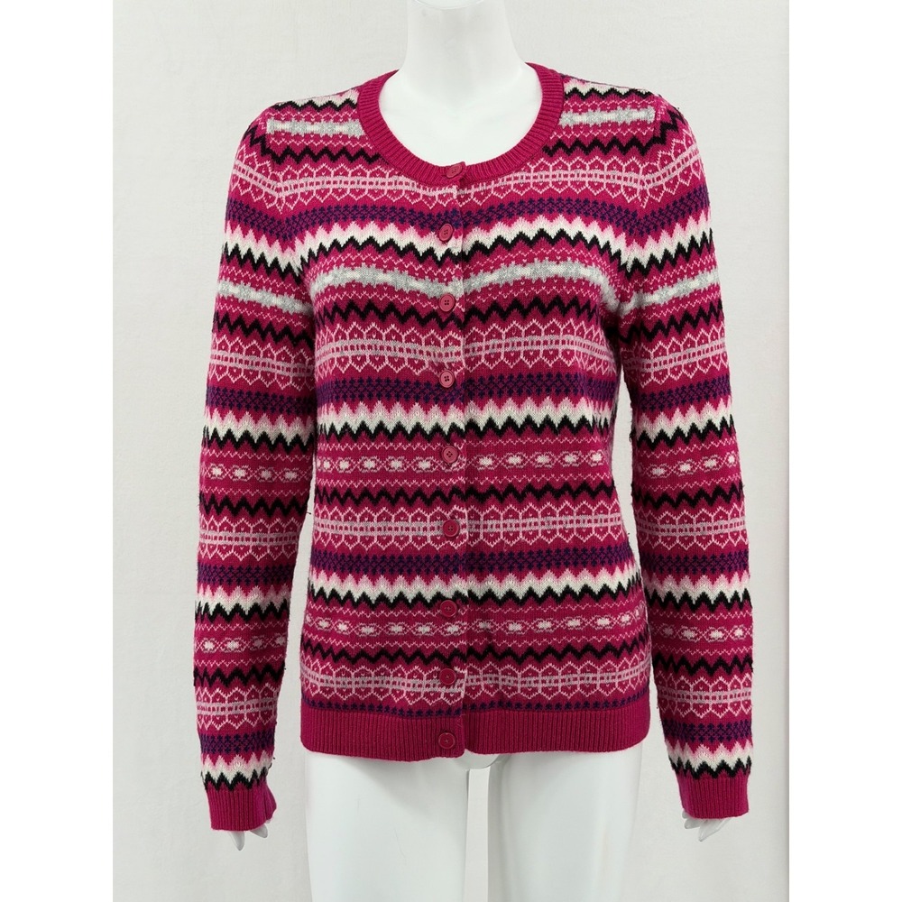 Talbots Sweater Womens Medium Pink Fair Isle Cardigan Lambswool Knit Nordic‎